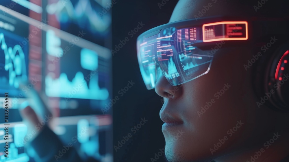 Poster close-up of a man wearing futuristic smart glasses, interacting with virtual data displayed in a vib