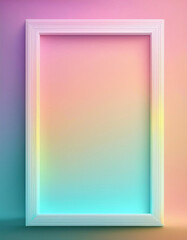 A white picture frame stands against a dreamy pastel background featuring a gradient blend of pink, yellow, and turquoise colors.