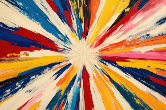A painting of a colorful explosion with a white center