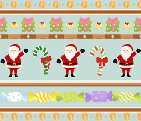Fototapeta premium Santa Claus, Candy Canes, Gifts, and Colorful Christmas Candies on a Festive Light Green Background