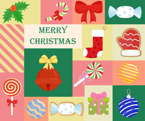 Merry Christmas Collage with Festive Decorations, Gifts, and Sweet Treats on a Colorful Patchwork Background
