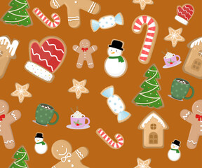 Festive Gingerbread and Holiday Treats Pattern with Snowmen and Candy Canes on a Warm Brown Background