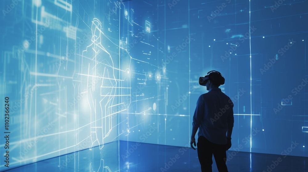 Poster a person with a vr headset explores a tranquil digital environment with soft blue tones, glowing dat