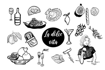 Dolce vita food,  wine, cocktails, dessert, seafood, cheese.  Hand drawn vector isolated set.