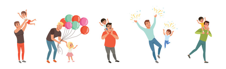 Father and Child Spending Time Together Enjoy Recreation Vector Set