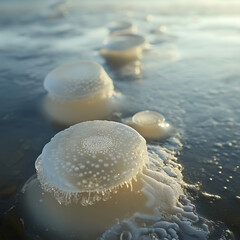 Frozen bubbles of methane in ice. Bubbles of gas, frozen in layers of ice on swamps, lakes, with unusual shapes and textures.methane bubbles under clear ice. frozen lake wetland in cold weather