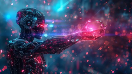 A detailed cybernetic humanoid extends its hand, emitting a glowing red hologram amid vibrant digital elements. Perfect for AI, technology, and future-themed visuals. AI generated.