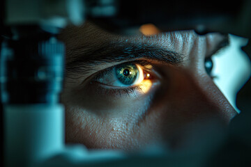 A close-up shot of an ophthalmologist using an ophthalmoscope to examine a patient's retina.