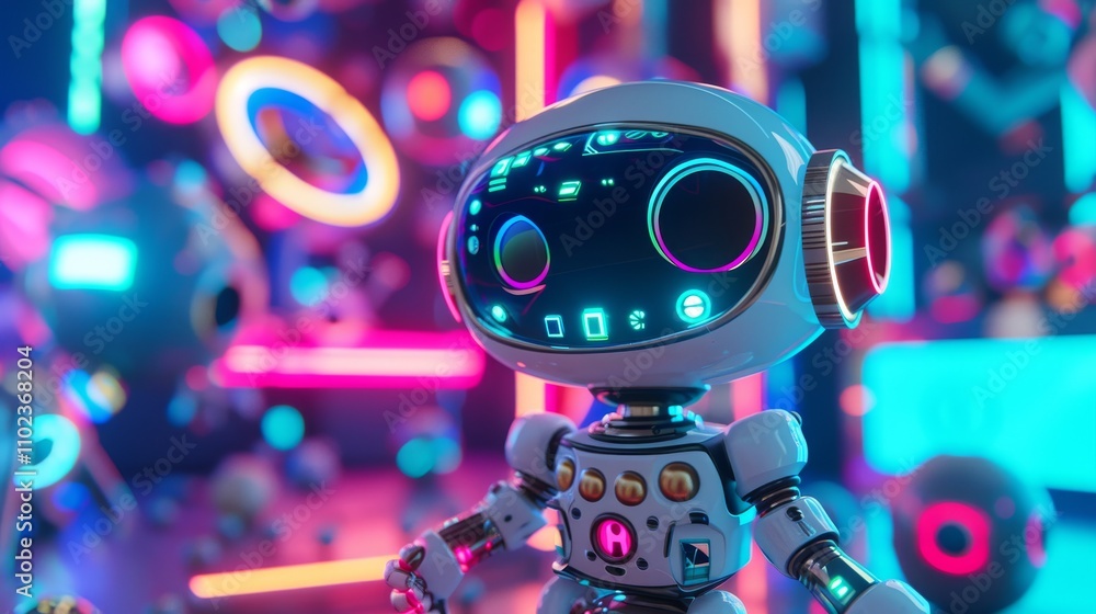 Poster small, friendly robot with a bright neon display, standing in a playful and vibrant digital environm