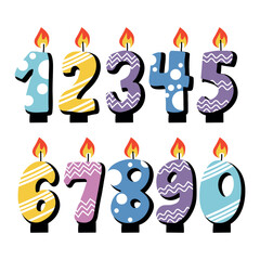 A set of ten colorful, hand-drawn birthday candles in the shape of numbers, perfect for creating fun and festive designs for birthdays, parties, and other celebratory occasions.