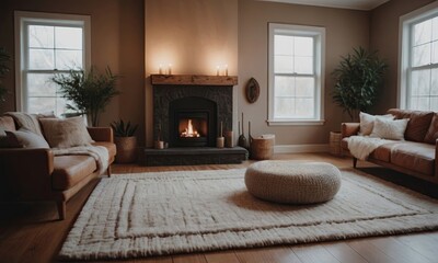Cozy living room with a fireplace, comfortable seating, and warm lighting creating a relaxing meditative ambiance