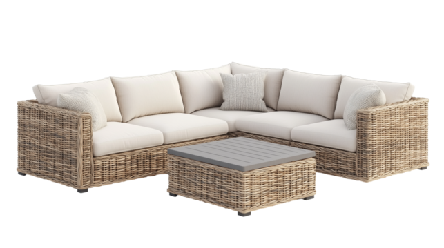 Sectional outdoor patio white sofa with corner table and ottoman isolated on transparent background