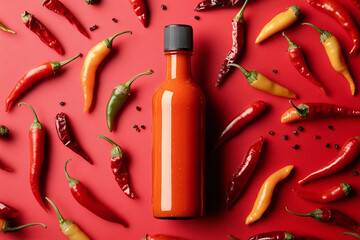 A sleek bottle of hot sauce prominently displayed with various chili peppers around it, against a striking red background, perfect for mockup, put your brand label.