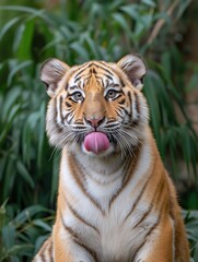 Obraz premium Tiger relaxing in nature wildlife lush green environment close-up