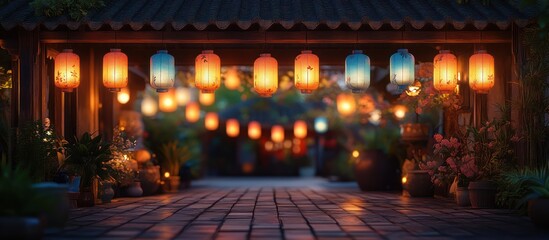 Obraz premium Festive lanterns illuminate a cobblestone pathway in front of a traditional Asian building.