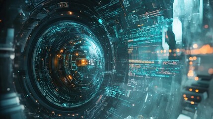 A futuristic digital tunnel with vibrant blue and orange lights, showcasing advanced technology and data streaming in a sci-fi environment.