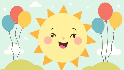 Smiling sun with colorful balloons on a bright sky background