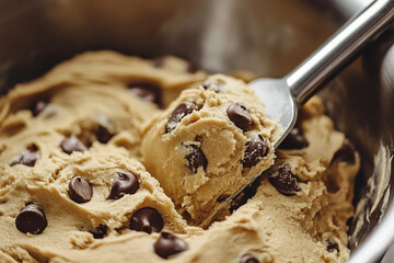 Homemade cookies recipe, cookie dough texture in mixing bowl, spatula creating swirls.