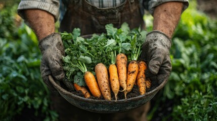 A farmer of European descent holds a bowl of freshly harvested carrots and greens, showcasing the beauty of organic farming in a lush garden.