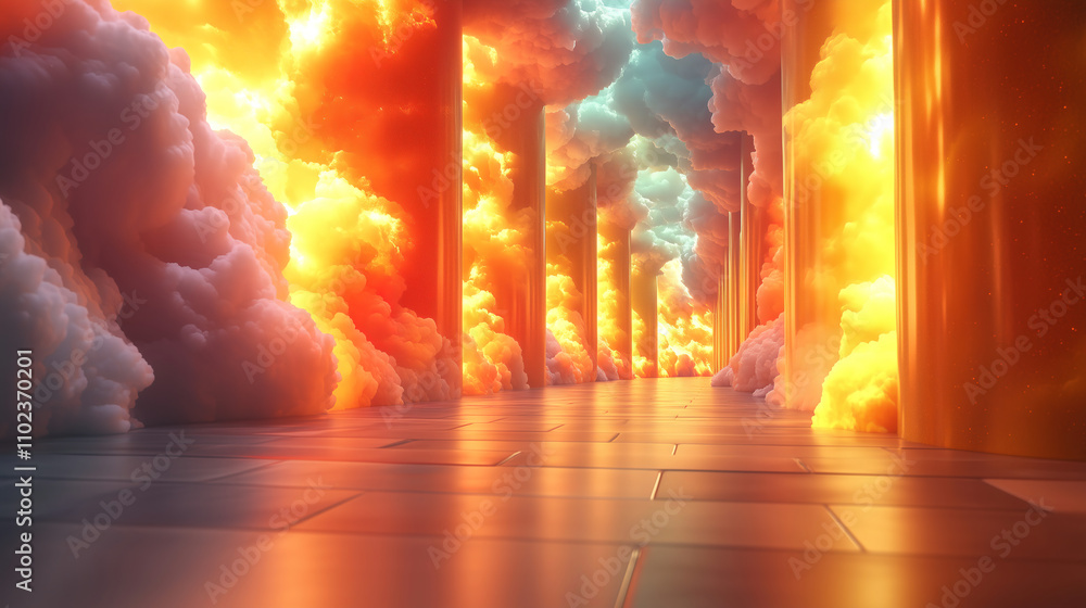 Poster vibrant corridor filled with colorful flames and smoke creating a dramatic atmosphere in a surreal e