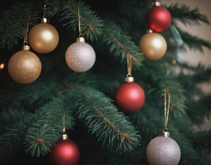 Fototapeta premium Grande albero di Natale ornato con luci e decorazioni in un soggiorno.