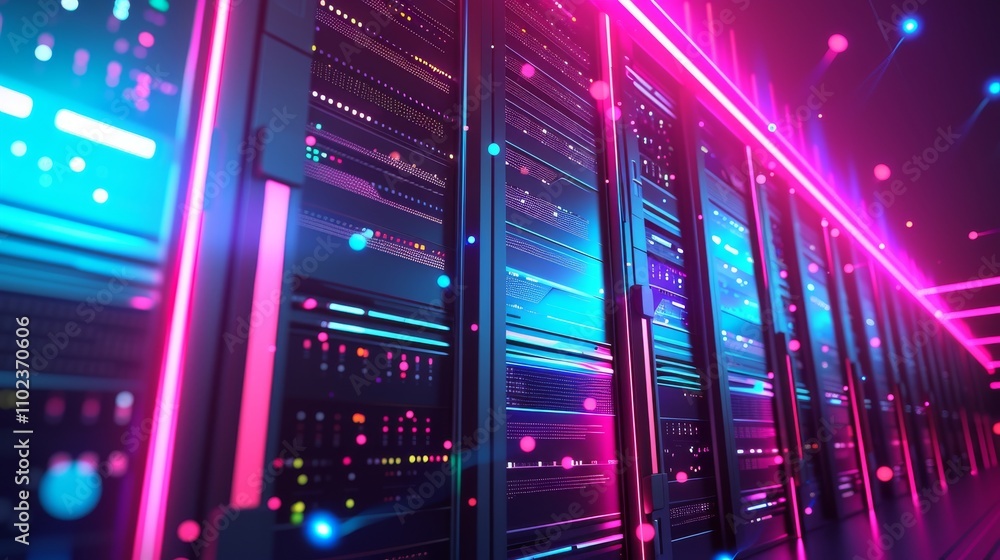 Poster a detailed, ai-generated 3d rendering of server racks in a futuristic data center, glowing with neon