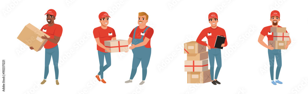 Poster man courier character in uniform and cap delivery parcel and box vector set
