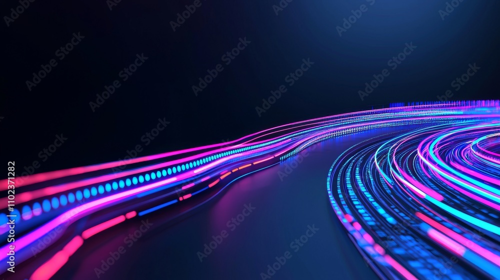 Poster an artistic rendering of a blue light path with a curved trajectory and bokeh blur, representing the