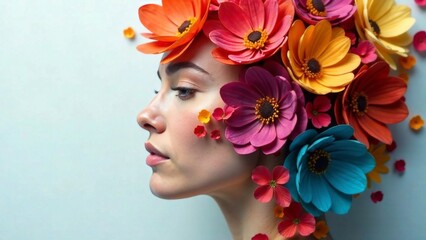 Abstract portrait of a young woman with flowers in her hair, on her face