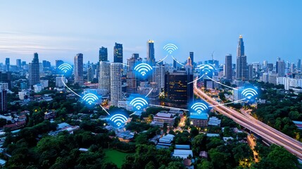 Obraz premium An abstract graphic of a smart digital city with globalization, illustrating a network connection. This represents the future of 5G smart wireless cities and social media networking systems.