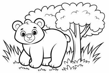 cute  Bear, add some grass and a tree, coloring book