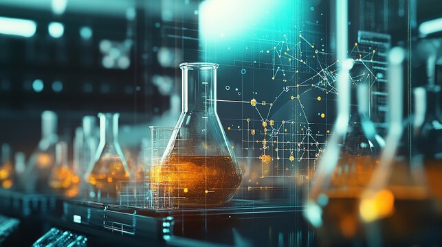 A futuristic laboratory scene with glass flasks containing glowing liquids, surrounded by digital data visualizations.