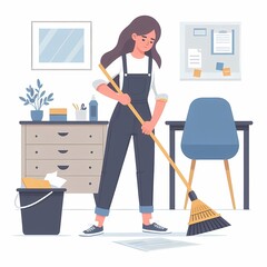 Flat Style Illustration of a Woman Sweeping the Floor, White Background