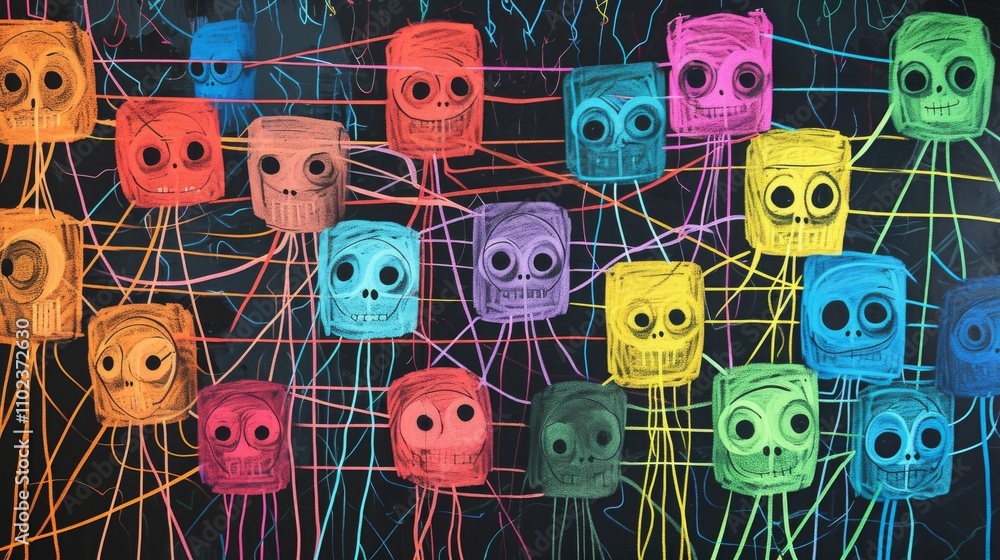 Poster playful illustration of colorful skulls connected with tangled lines, evoking the concepts of networ