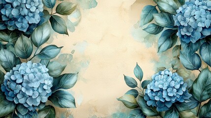 A floral design featuring blue hydrangeas on a soft, textured background.
