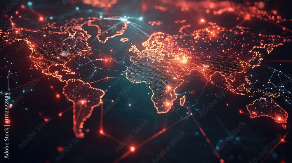 Poster a vibrant depiction of a glowing world map with interconnected digital networks illustrating global 