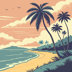 Tropical Beach Sunset EPS Vector Illustration - Palm Trees, Ocean.