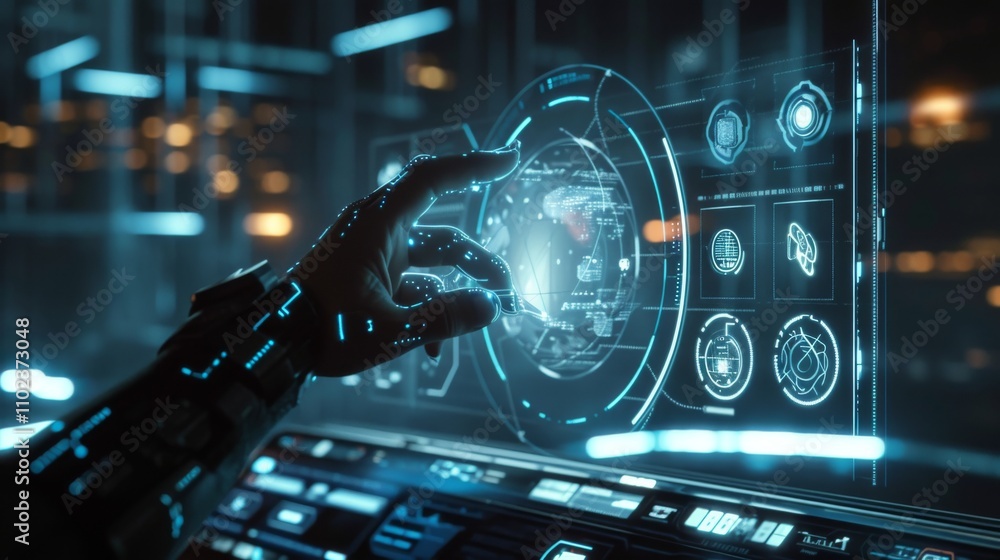 Poster a robotic hand hovers over a glowing blue holographic interface with advanced data visualizations, s