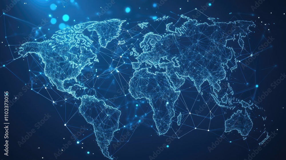 Poster digital world map with interconnected nodes, symbolizing global connectivity and technology.