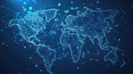 Fototapeta premium Digital world map with interconnected nodes, symbolizing global connectivity and technology.