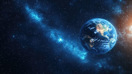 Obraz premium A stunning view of Earth from space, showcasing the planet's vibrant blue oceans and illuminated landmasses against a cosmic background.