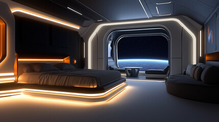 Futuristic hotel room overlooking planet earth from spacecraft