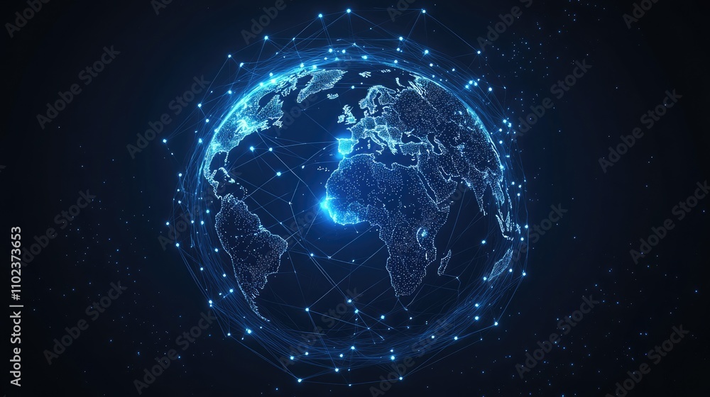 Poster a glowing, digital representation of earth, showcasing interconnected networks of light and data acr