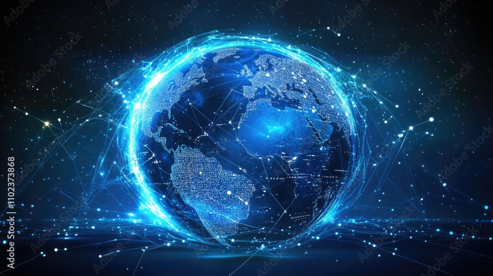 Poster a glowing, digital representation of earth surrounded by interconnected data streams.