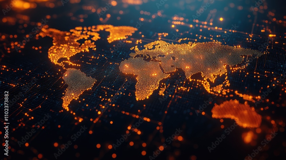 Poster a digital world map illuminated with orange lights, showcasing the interconnectedness of global netw