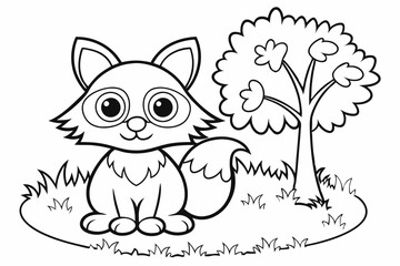 cute Fox, add some grass and a tree, coloring book