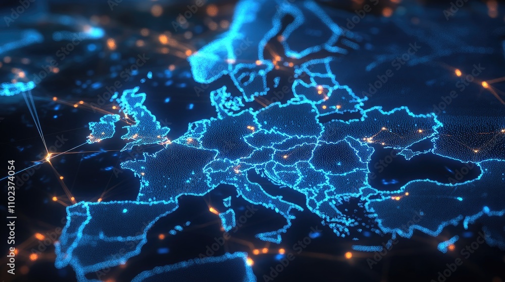 Poster a vibrant digital map of europe illuminated with glowing blue lines and orange nodes, representing i