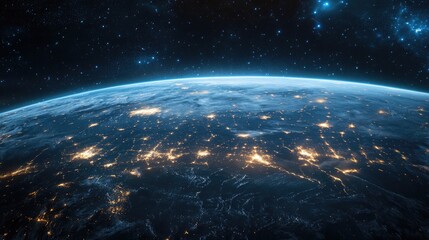 Obraz premium A stunning view of Earth at night, showcasing glowing city lights and a serene atmosphere in space.