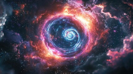Obraz premium A mesmerizing cosmic whirlpool showcasing vibrant hues of pink, blue, and orange in the depths of space.