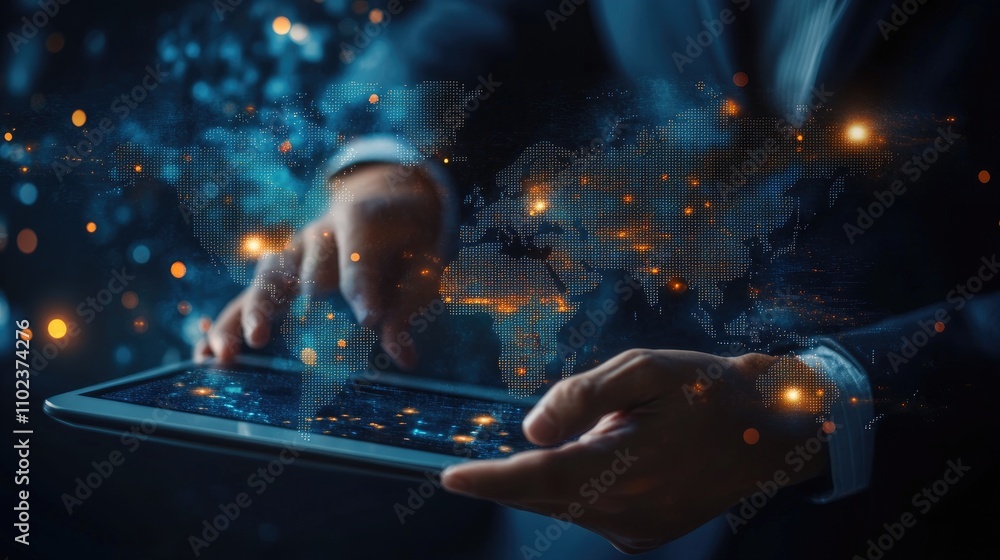 Poster a businessman interacting with a digital tablet displaying a world map, symbolizing global connectiv